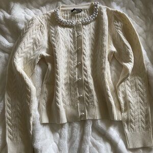 Adrianna Papell Ivory Cable Knit Cardigan with Pearl Accents